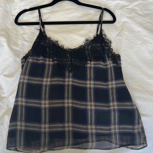 Heartloom blue plaid cami with black lace detailing on neckline. Size M